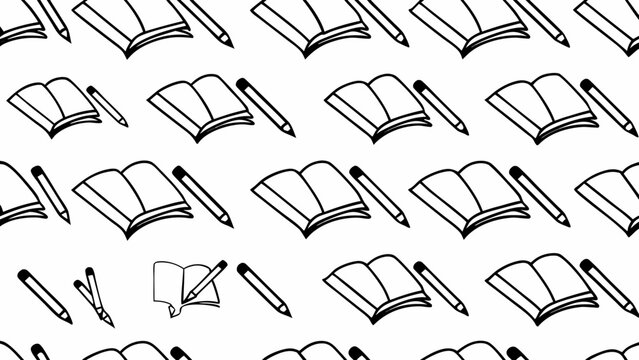 A seamless pattern of open books and pencils in a hand drawn doodle style on a white background surface on transparent background silhouette