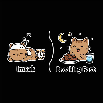 Charming cartoon cat's Ramadan journey peacefully sleeping for Imsak and joyfully breaking fast with dates and water under a starry night, celebrating the sacred tradition