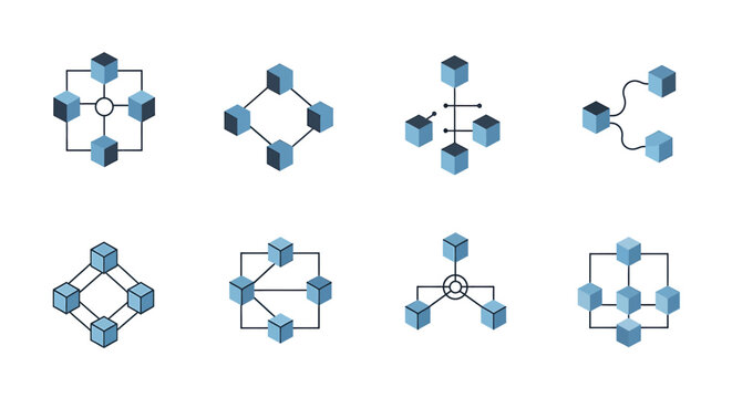 Eight distinct 3D cube network topology diagrams illustrating various interconnected node structures and data flow concepts.