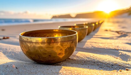 Tibetan Singing Bowls Lined Up on a Sandy Beach at Sunset.