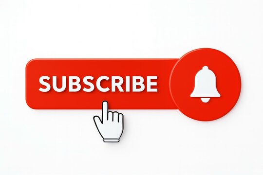 A red subscribe button with a notification bell and hand cursor icon on a white background.