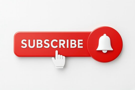 A red subscribe button with a hand icon and a notification bell.