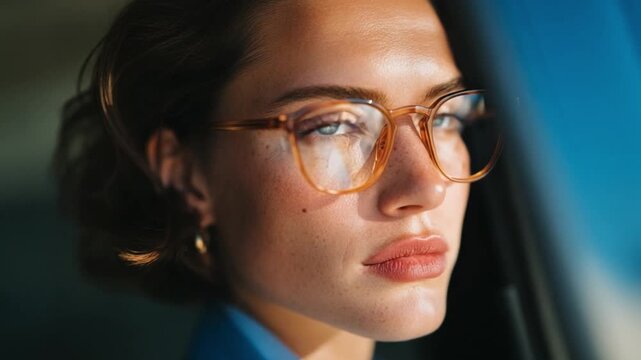 Poised Reflection: A portrait of serene contemplation, capturing a woman's gaze through stylish glasses, as she navigates the journey ahead, evoking a sense of introspection and purpose.