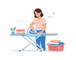 Fototapeta premium Woman ironing clothes at home with ironing board, flat vector illustration