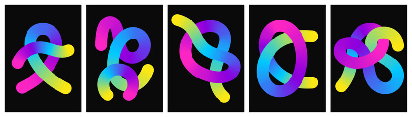 Abstract set of multicolored fluid 3D gradient curves on black background