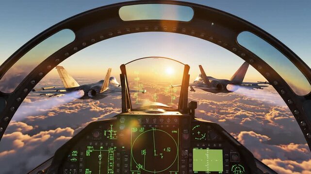 Fighter jet cockpit view with two stealth aircraft flying in formation above clouds at sunset