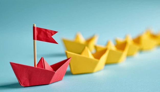 Red origami paper boat with small red triangular flag on wooden toothpick leading a row of yellow origami paper boats, all arranged in diagonal line on light turquoise blue surface