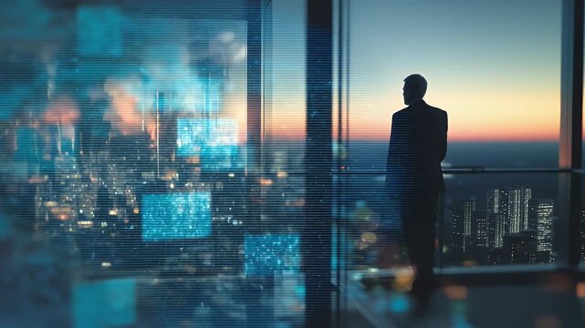 Businessman overlooking cityscape with digital data interface