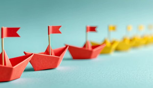 Red origami paper boat with small red triangular flag on wooden toothpick leading a row of yellow origami paper boats, all arranged in diagonal line on light turquoise blue surface