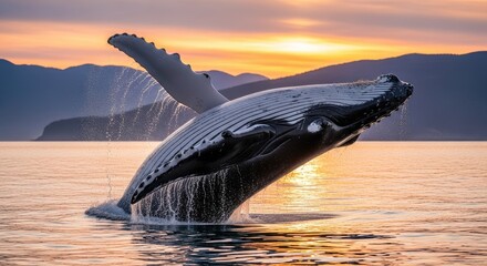 Humpback whale breaching in serene waters at sunset