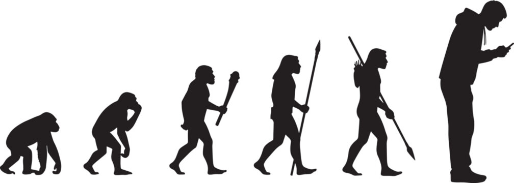 Human evolution progression via silhouettes, ending with a modern individual glued to a smartphone, depicting technology's societal and postural impact