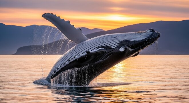 Humpback whale breaching in serene waters at sunset