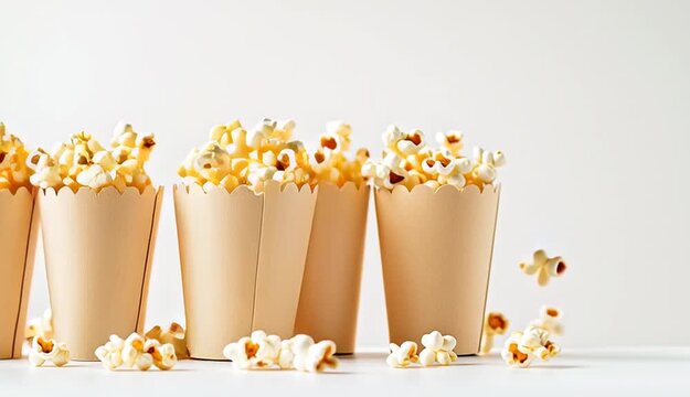  Five kraft paper popcorn cups filled with buttered popcorn arranged in a row on white surface, scalloped edge cups, golden yellow and white popcorn overflowing from tops
