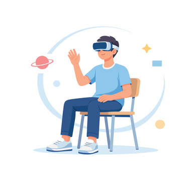 Boy with vr glasses sitting on chair, flat vector illustration
