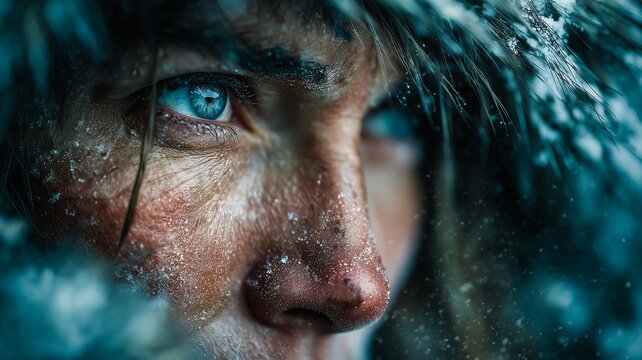 Cinematic Winter Survival extreme close-up Portrait of Persona Woman Covered in Snow and Ice in Extreme Cold Weather, movie or tv-poster