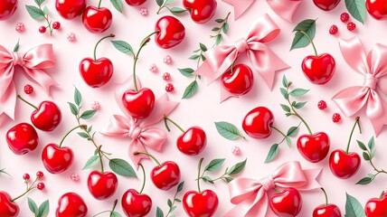 Vibrant red cherries and delicate pink satin bows arranged in a charming pattern on a soft pastel background.