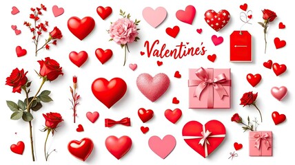 Romantic Valentines Day Celebration Elements Featuring Hearts Roses Gift Boxes and Flowers.