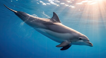 Obraz premium Dolphin swimming underwater with sunlight