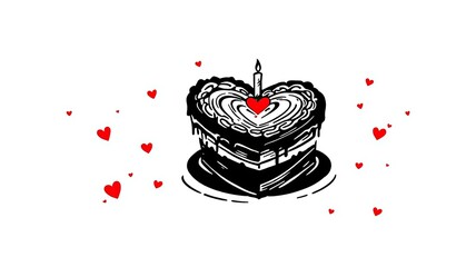 Hand drawn sketch of a delicious heart shaped chocolate cake with a single candle and romantic red hearts.