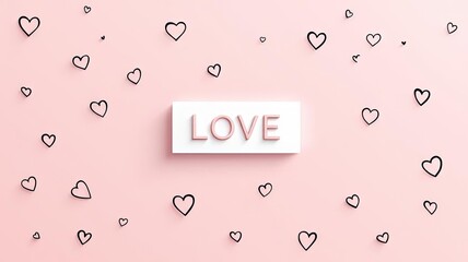 Minimalist pink background with scattered hand-drawn hearts and central word love.