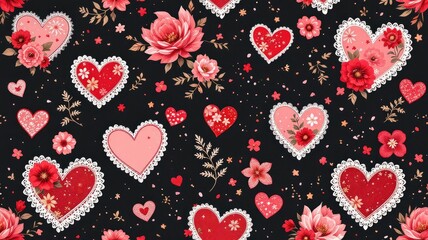 Elegant seamless pattern featuring romantic red and pink hearts adorned with delicate flowers and lace on a black background.