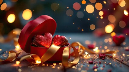 Elegant Red Heart Gift Box with Chocolates and Golden Ribbon.