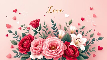 Elegant Romantic Floral Bouquet with Roses Lilies and Hearts Celebrating Love.