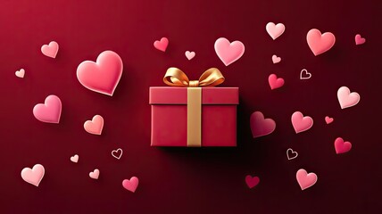 Romantic red gift box with golden ribbon surrounded by pink hearts.