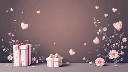 Elegant gift boxes adorned with delicate flowers and romantic heart shapes.