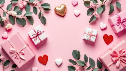 Romantic Valentine Gifts Hearts and Greenery Flat Lay Arrangement.