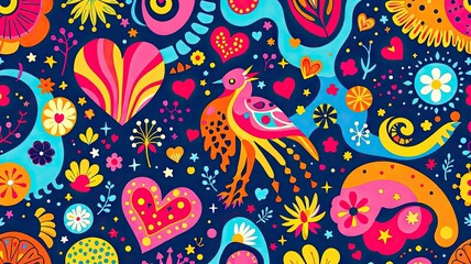Vibrant and whimsical abstract pattern with a colorful bird, hearts, and flowers.