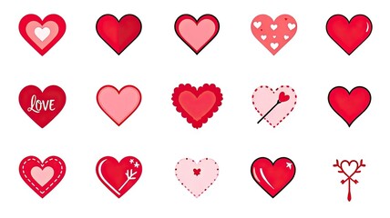 Collection of Diverse Red and Pink Heart Icons for Romantic Themes.