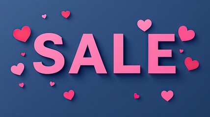 Pink 3D SALE letters with scattered hearts on a dark blue background promotional graphic.