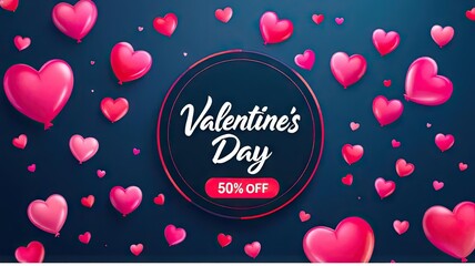 Valentines Day Sale with Heart Balloons and 50 Discount Offer.