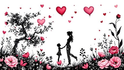 Mother Daughter Silhouette Holding Hands in Heart Filled Garden with Balloons.