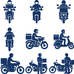Motorcycle delivery rider icons set with courier scooter front and side view bundle