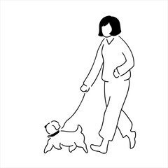犬と散歩中の女性の線画イラスト