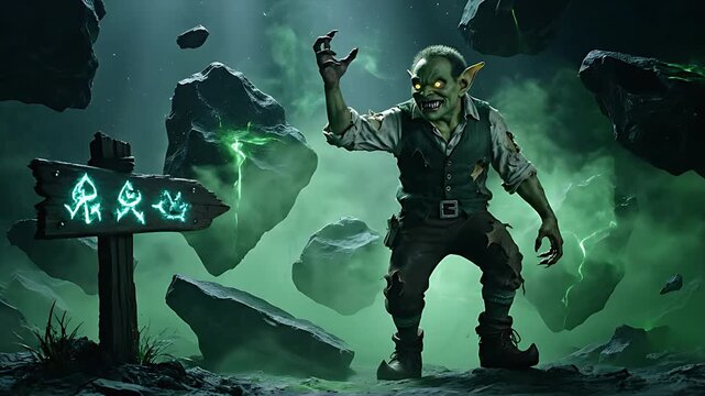 Sinister, glowing-eyed goblin character stands near a mystical wooden signpost amidst dark, floating rock formations emanating vibrant green magical energy.