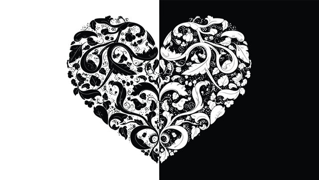 Ornate heart shape composed of floral scrollwork and leaves split vertically into black and white halves for a striking symbolic design.