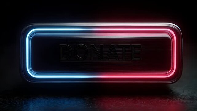 Glowing red neon DONATE sign on dark.