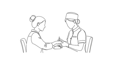 A black and white line drawing of two people sitting in chairs shaking hands in a business setting with a simple style