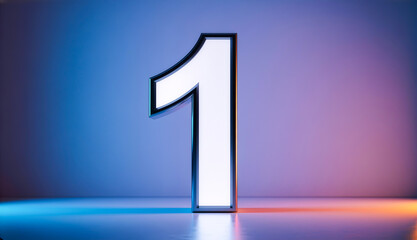 Glowing 3D number one with neon blue and orange studio lighting.
