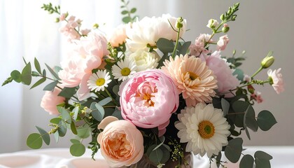 Beautiful Arrangement of Pink and White Peonies and Daisies.
