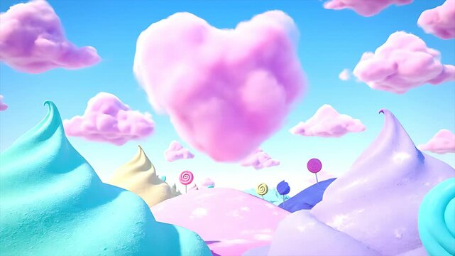 Whimsical fantasy landscape featuring vibrant pastel-colored soft serve ice cream mountains and swirling lollipop trees under a bright blue sky with a massive pink heart cloud centerpiece.