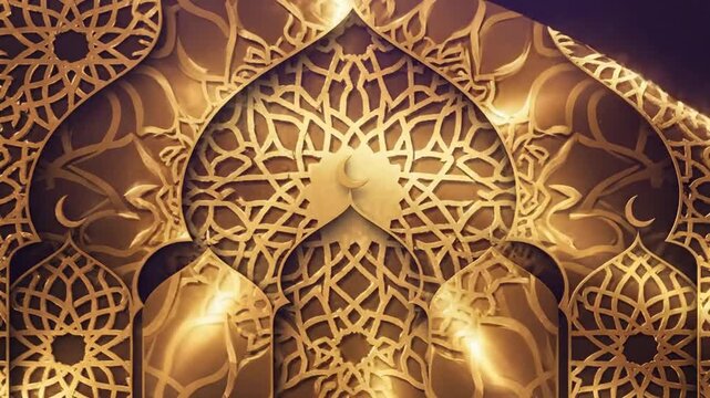 Golden Islamic geometric patterns decorate this arched window structure to provide an elegant background for seasonal cultural celebrations.