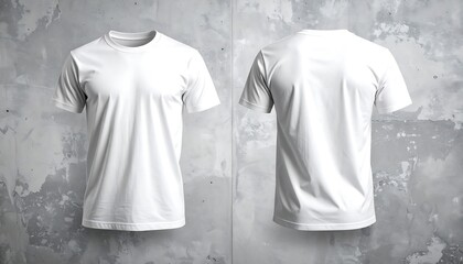 Blank White T-Shirt Mockup Front and Back View on Textured Wall.