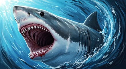 Naklejka premium A large gray shark with its mouth open in the ocean water