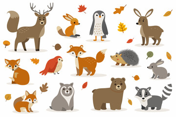 Fototapeta premium Cute forest animals and colorful autumn leaves in a playful illustration