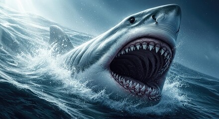Obraz premium A menacing shark emerges from the depths with jaws wide open