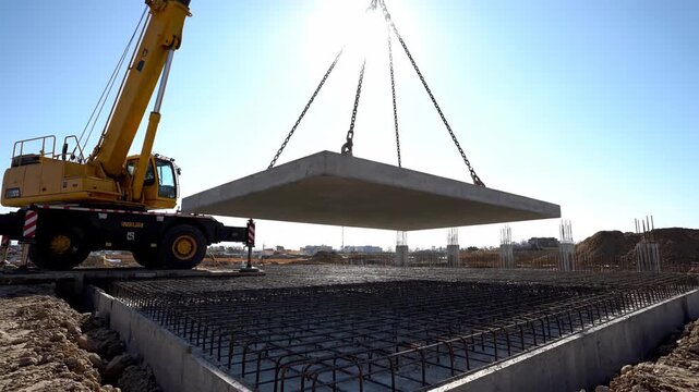 Crane lifting concrete slab during construction against sunny sky